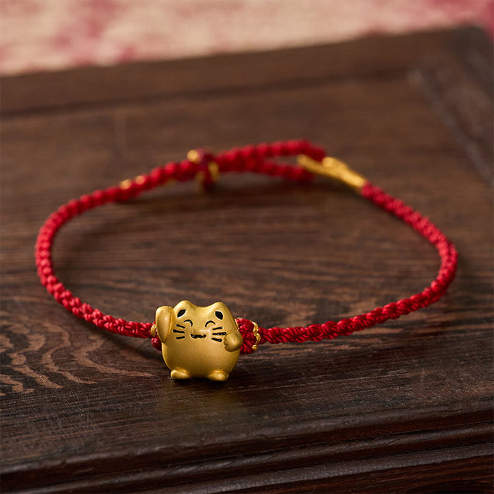 Buddha Stones Pulsera de energía protectora con forma de gato de la suerte de cobre y cuerda roja - image 2