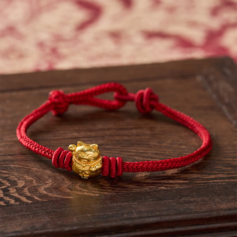 Buddha Stones Pulsera ajustable de cobre con hilo rojo y bendición del gato de la suerte - rojo oscuro - 17-20 cm - image 0