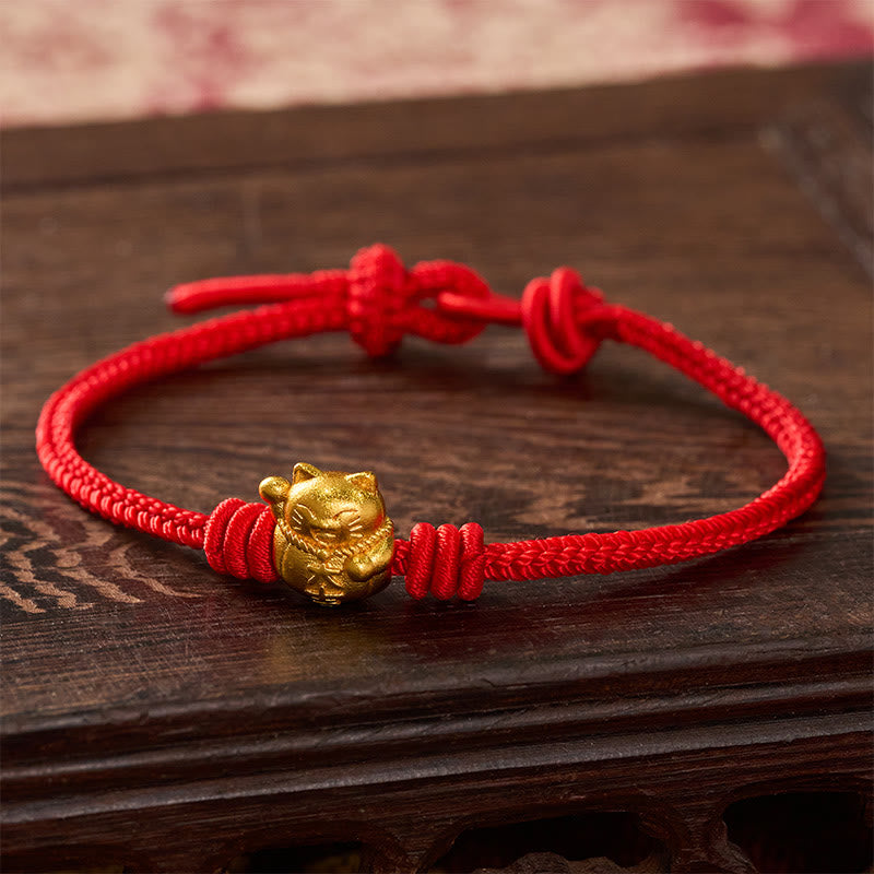 Buddha Stones Pulsera ajustable de cobre con hilo rojo y bendición del gato de la suerte - Rojo - 17-20 cm - image 9