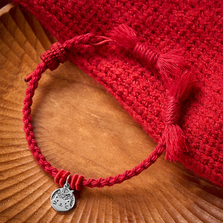 Buddha Stones Pulsera ajustable de plata de ley 925 con diseño de gato y pez, protección tibetana y cordón rojo. - image 2