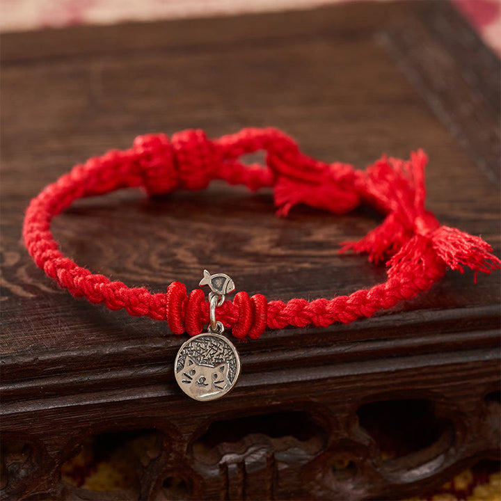Buddha Stones Pulsera ajustable de plata de ley 925 con diseño de gato y pez, protección tibetana y cordón rojo. - image 10