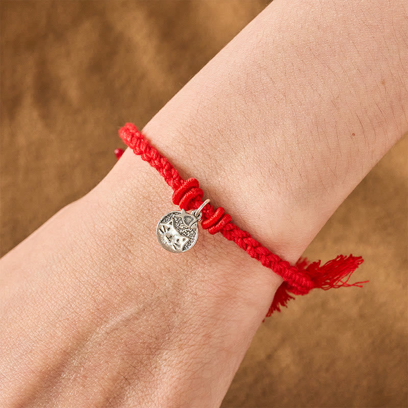 Buddha Stones Pulsera ajustable de plata de ley 925 con diseño de gato y pez, protección tibetana y cordón rojo. - image 13