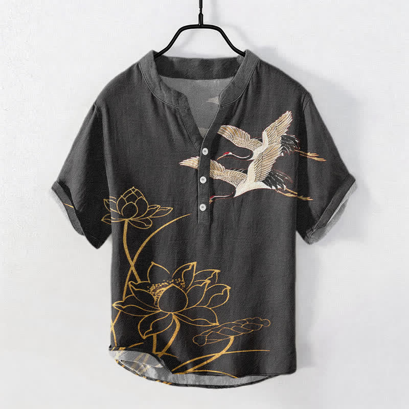 Buddha Stones Camisa de manga corta con medio botón para hombre, modelo Cotton Crane Golden Lotus. - Negro - US/UK/AU50, EU60 (5XL) - image 10