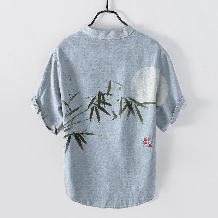 Buddha Stones Camisa de manga corta con medio botón para hombre, de algodón, con estampado de bambú y luna. - image 4