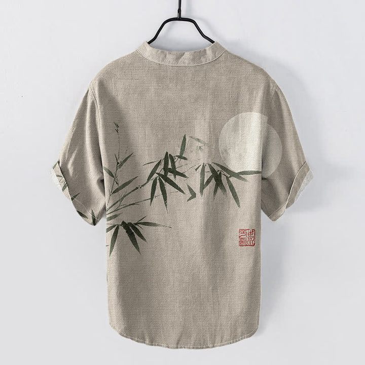 Buddha Stones Camisa de manga corta con medio botón para hombre, de algodón, con estampado de bambú y luna. - image 6