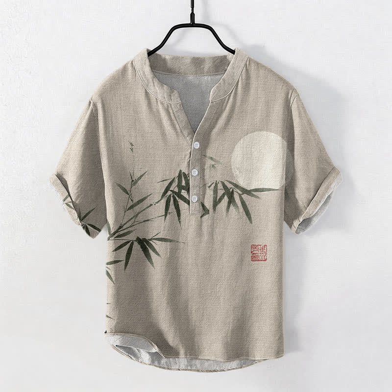 Buddha Stones Camisa de manga corta con medio botón para hombre, de algodón, con estampado de bambú y luna. - Beige - US/UK/AU50, EU60 (5XL) - image 5