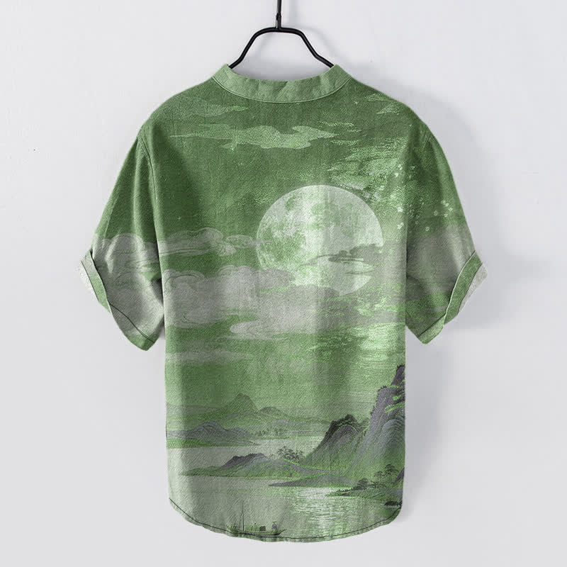 Buddha Stones Camisa de manga corta con medio botón para hombre, de algodón, con estampado de luna, nube y montaña. - image 11