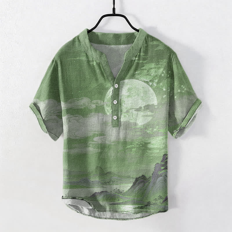 Buddha Stones Camisa de manga corta con medio botón para hombre, de algodón, con estampado de luna, nube y montaña. - Verdemar - US/UK/AU50, EU60 (5XL) - image 10