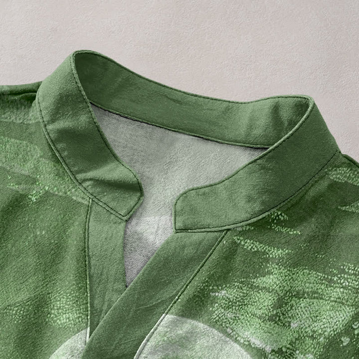 Buddha Stones Camisa de manga corta con medio botón para hombre, de algodón, con estampado de luna, nube y montaña. - image 12