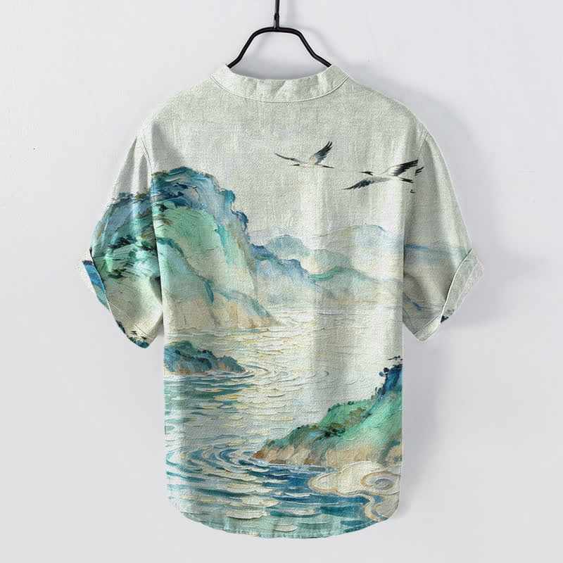 Buddha Stones Camisa de manga corta con medio botón para hombre, de algodón, con estampado de paisaje costero en acuarela. - image 1