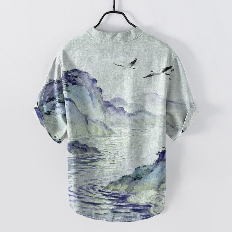 Buddha Stones Camisa de manga corta con medio botón para hombre, de algodón, con estampado de paisaje costero en acuarela. - image 4