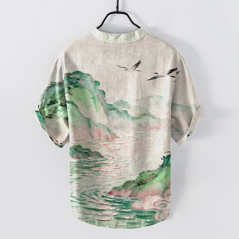 Buddha Stones Camisa de manga corta con medio botón para hombre, de algodón, con estampado de paisaje costero en acuarela. - image 7