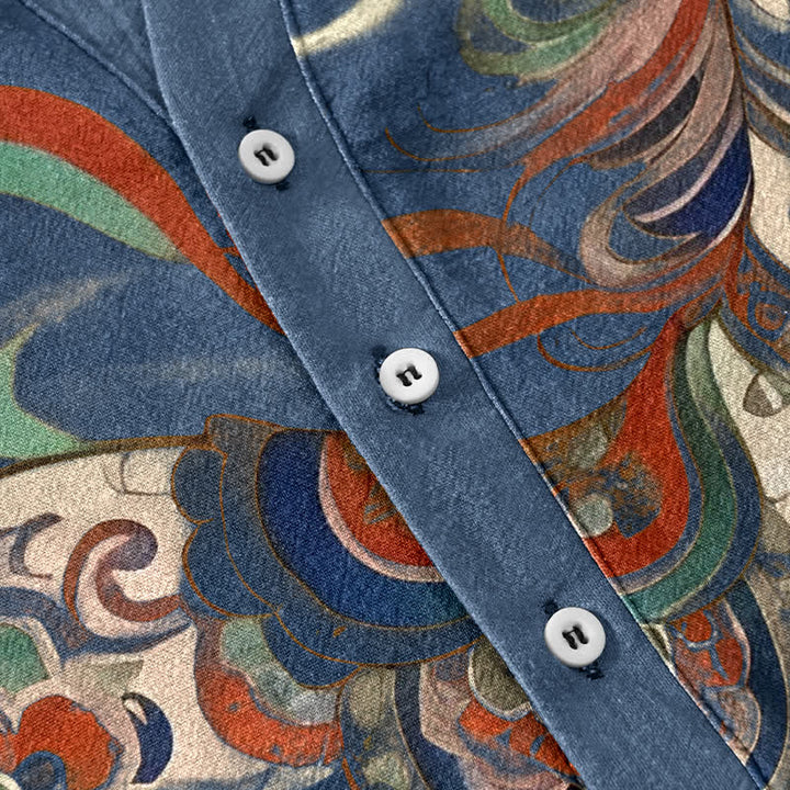 Buddha Stones Camisa de manga corta con medio botón y estampado ornamental de caballo al galope para hombre, de algodón. - image 3