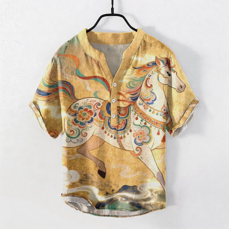 Buddha Stones Camisa de manga corta con medio botón y estampado ornamental de caballo al galope para hombre, de algodón. - Oro - US/UK/AU50, EU60 (5XL) - image 5