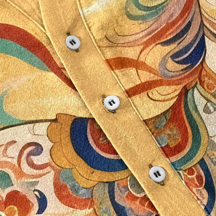 Buddha Stones Camisa de manga corta con medio botón y estampado ornamental de caballo al galope para hombre, de algodón. - image 8
