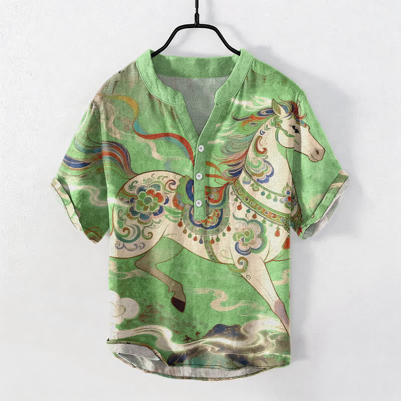 Buddha Stones Camisa de manga corta con medio botón y estampado ornamental de caballo al galope para hombre, de algodón. - Verde claro - US/UK/AU50, EU60 (5XL) - image 10
