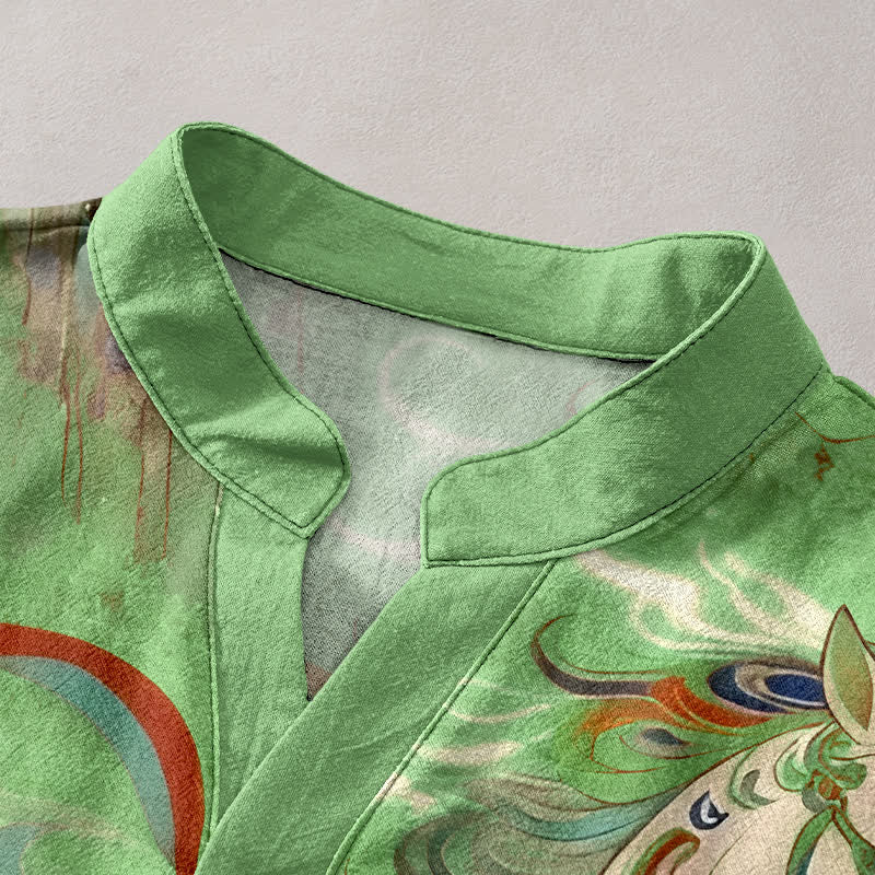Buddha Stones Camisa de manga corta con medio botón y estampado ornamental de caballo al galope para hombre, de algodón. - image 12