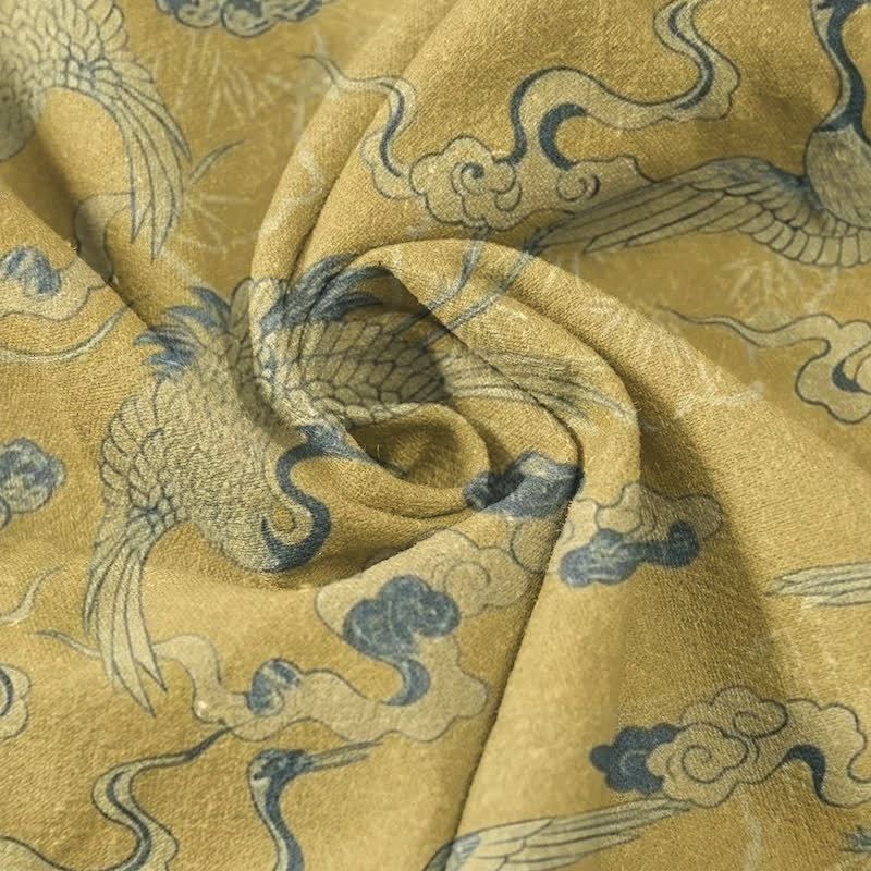 Buddha Stones Camisa de manga corta con medio botón para hombre, con estampado de grullas y nubes, de algodón. - image 5