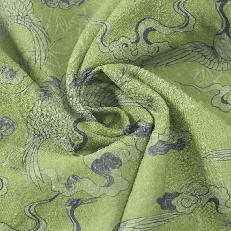 Buddha Stones Camisa de manga corta con medio botón para hombre, con estampado de grullas y nubes, de algodón. - image 8