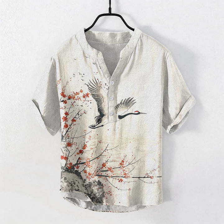 Buddha Stones Camisa de manga corta con medio botón para hombre, de algodón, con estampado de grullas y flores de ciruelo. - Lino - US/UK/AU50, EU60 (5XL) - image 0