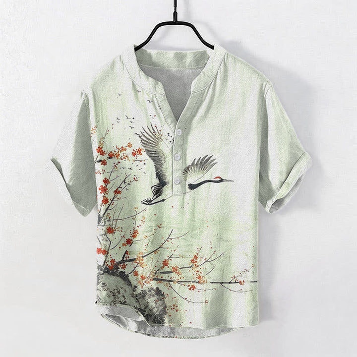 Buddha Stones Camisa de manga corta con medio botón para hombre, de algodón, con estampado de grullas y flores de ciruelo. - Crema de menta - US/UK/AU50, EU60 (5XL) - image 3