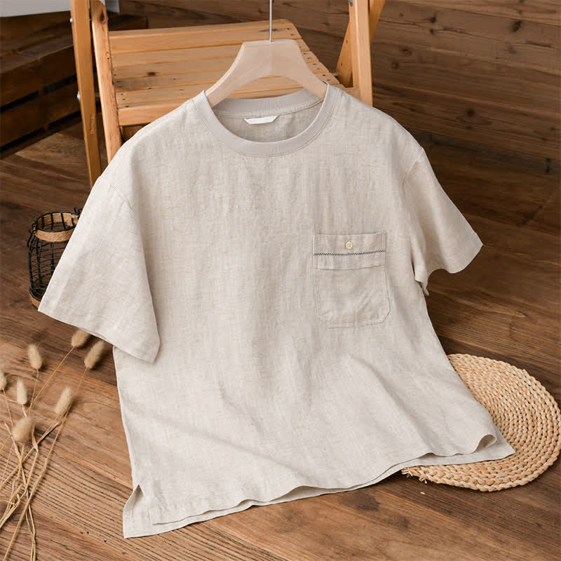 Buddha Stones Camisetas de manga corta para hombre, estilo casual de verano, minimalistas, lisas, con bolsillo de parche. - Lino - US/UK/AU42, EU52 (3XL) - image 0