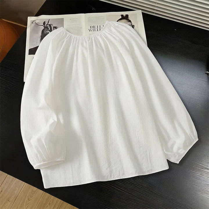 Buddha Stones Camisas de manga larga para mujer, estilo bohemio casual de primavera/verano, con cuello redondo, cordón ajustable y botones. - image 4