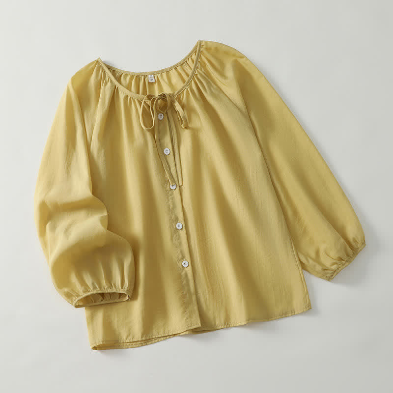 Buddha Stones Camisas de manga larga para mujer, estilo bohemio casual de primavera/verano, con cuello redondo, cordón ajustable y botones. - image 1