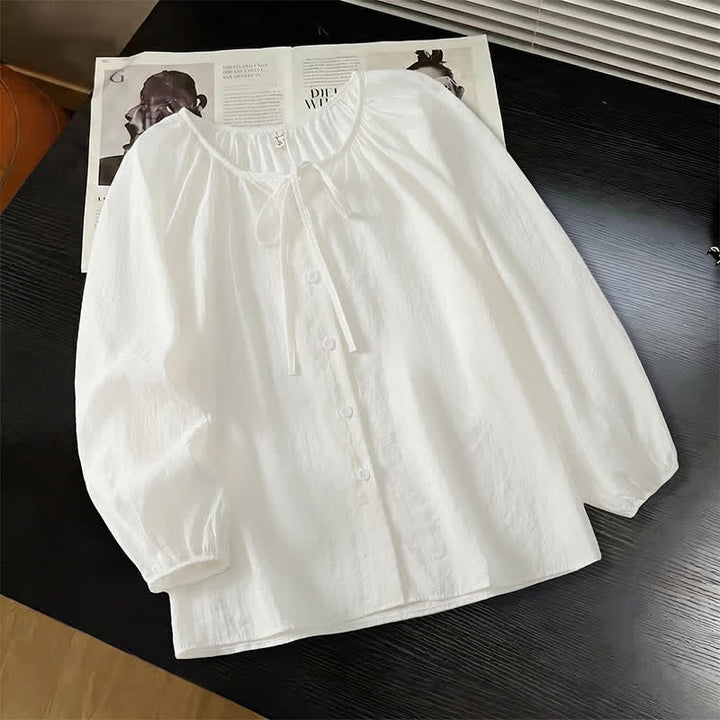 Buddha Stones Camisas de manga larga para mujer, estilo bohemio casual de primavera/verano, con cuello redondo, cordón ajustable y botones. - Blanco - US8-10, UK/AU12-14, EU40-42 (2XL) - image 3