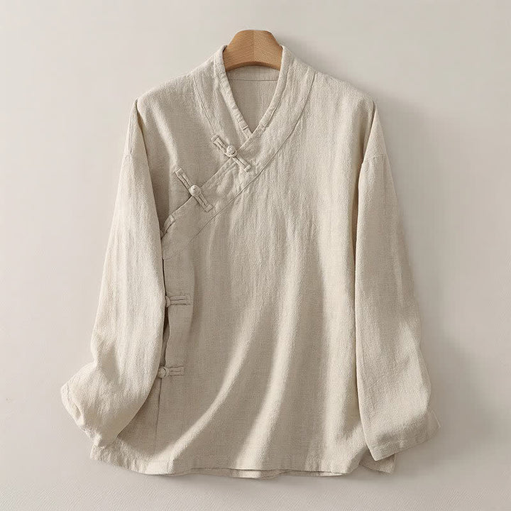 Buddha Stones Camisas de manga larga para mujer de estilo Tang minimalistas con cuello en V y botones de rana, ideales para primavera y verano. - Beige - US12, UK/AU16, EU44 (3XL) - image 0