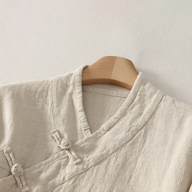 Buddha Stones Camisas de manga larga para mujer de estilo Tang minimalistas con cuello en V y botones de rana, ideales para primavera y verano. - image 1