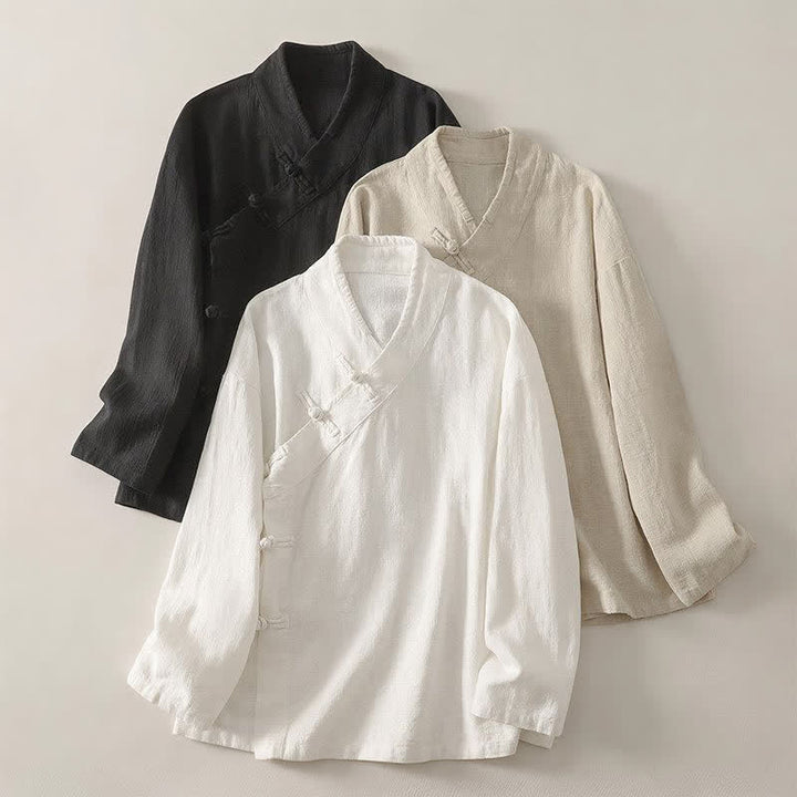 Buddha Stones Camisas de manga larga para mujer de estilo Tang minimalistas con cuello en V y botones de rana, ideales para primavera y verano. - image 18