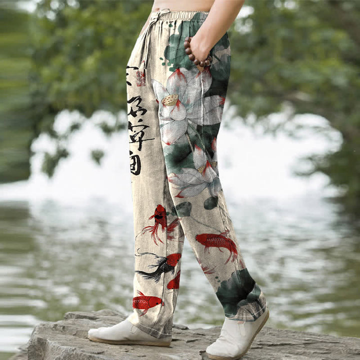 Buddha Stones Pantalones de hombre de algodón con estampado de peces koi y efecto lavado a la tinta, corte cónico y bolsillos. - image 5