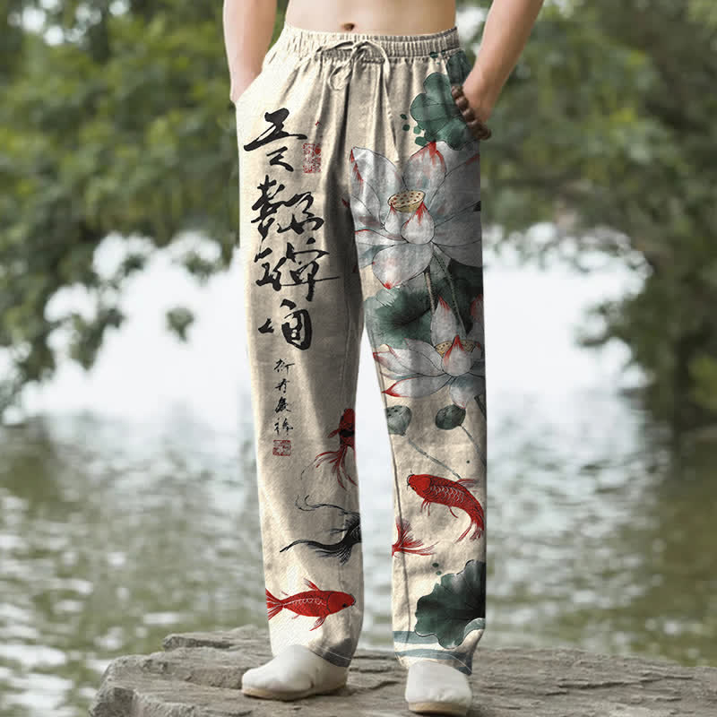 Buddha Stones Pantalones de hombre de algodón con estampado de peces koi y efecto lavado a la tinta, corte cónico y bolsillos. - Trigo - US/UK/AU50, EU60 (5XL) - image 4