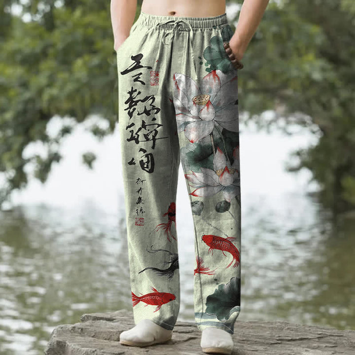 Buddha Stones Pantalones de hombre de algodón con estampado de peces koi y efecto lavado a la tinta, corte cónico y bolsillos. - Verde claro - US/UK/AU50, EU60 (5XL) - image 6