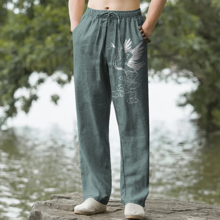 Buddha Stones Pantalones de hombre de algodón blanco con estampado de grullas y olas, corte cónico y bolsillos. - Azul cadete - US/UK/AU50, EU60 (5XL) - image 0