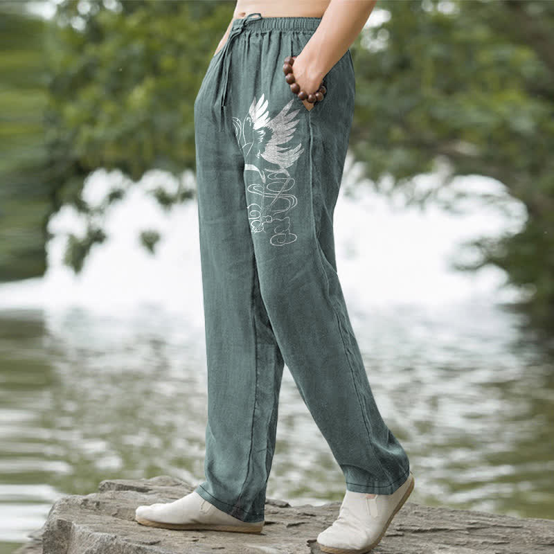 Buddha Stones Pantalones de hombre de algodón blanco con estampado de grullas y olas, corte cónico y bolsillos. - image 1
