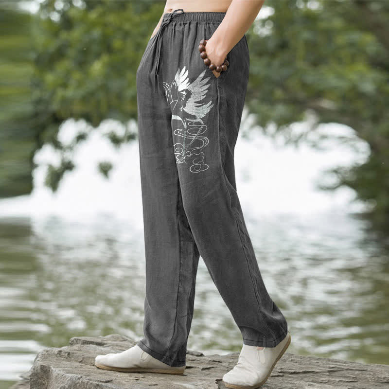Buddha Stones Pantalones de hombre de algodón blanco con estampado de grullas y olas, corte cónico y bolsillos. - image 7