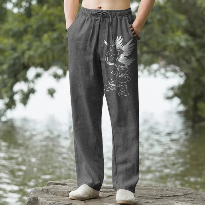 Buddha Stones Pantalones de hombre de algodón blanco con estampado de grullas y olas, corte cónico y bolsillos. - Gris oscuro - US/UK/AU50, EU60 (5XL) - image 6