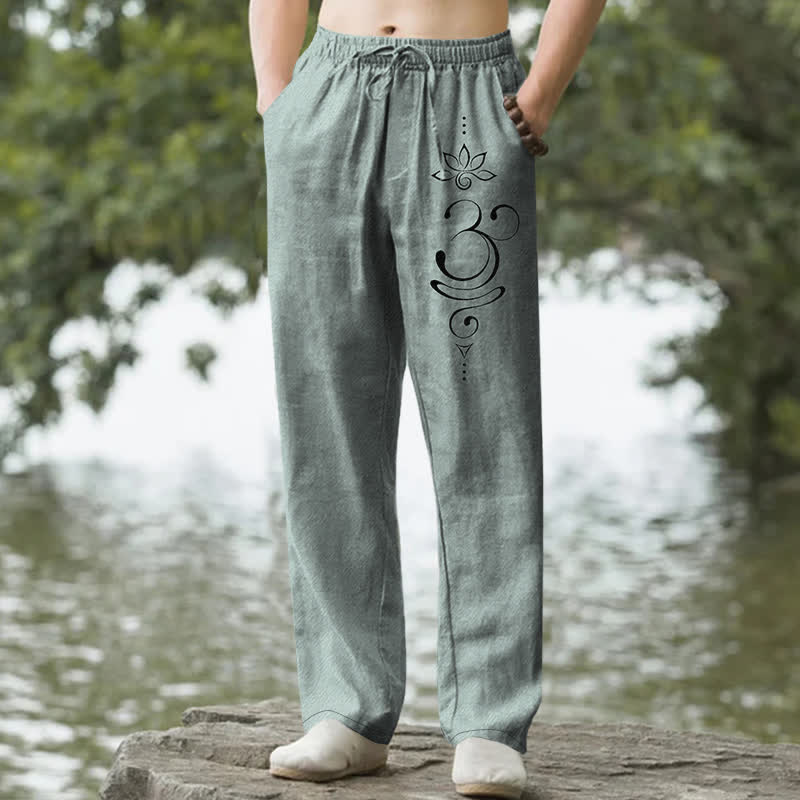 Buddha Stones Pantalones de hombre de algodón con estampado Zen Lotus Om, corte ajustado y bolsillos. - Azul cadete - US/UK/AU50, EU60 (5XL) - image 0