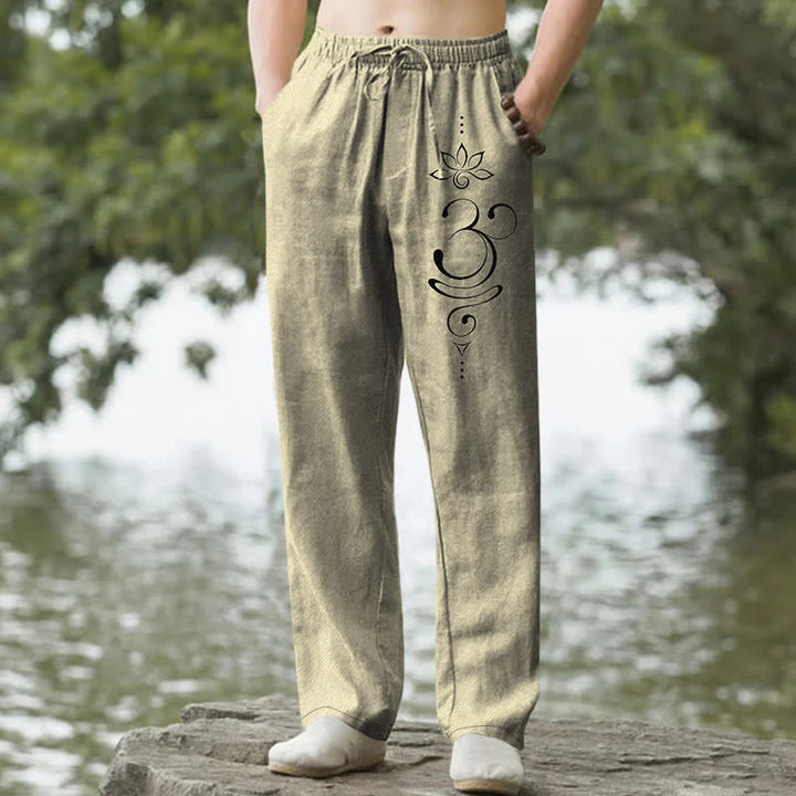 Buddha Stones Pantalones de hombre de algodón con estampado Zen Lotus Om, corte ajustado y bolsillos. - Caqui - US/UK/AU50, EU60 (5XL) - image 6