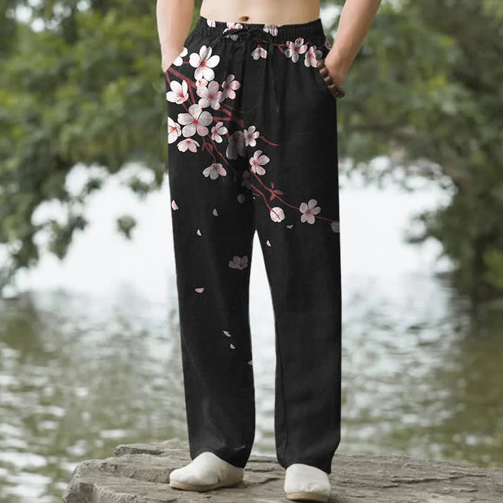 Buddha Stones Pantalones de hombre de algodón rosa con estampado de flores de cerezo y corte ajustado, con bolsillos. - Negro - US/UK/AU50, EU60 (5XL) - image 0