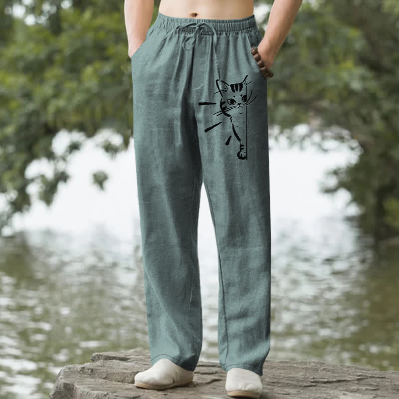 Buddha Stones Pantalones de hombre de algodón con estampado de gato negro y corte ajustado, con bolsillos. - Azul cadete - US/UK/AU50, EU60 (5XL) - image 4