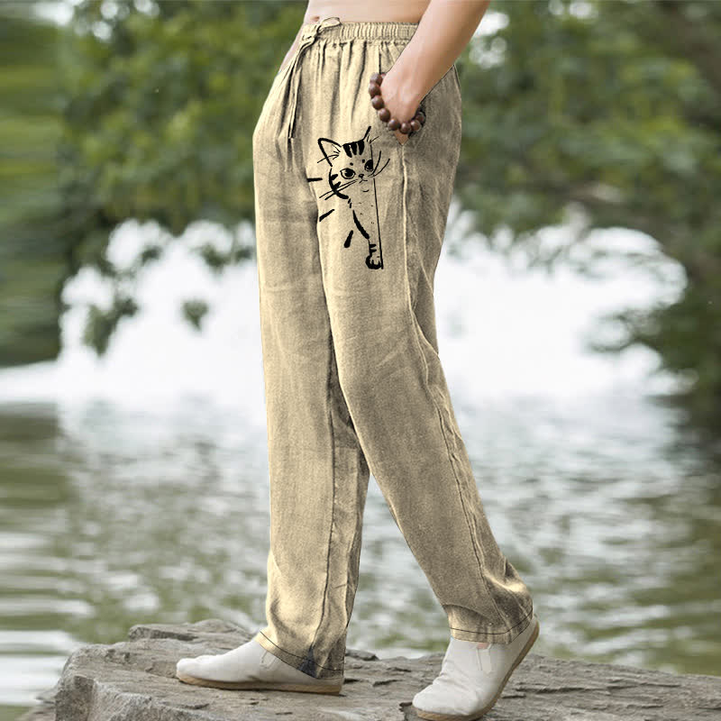 Buddha Stones Pantalones de hombre de algodón con estampado de gato negro y corte ajustado, con bolsillos. - image 7