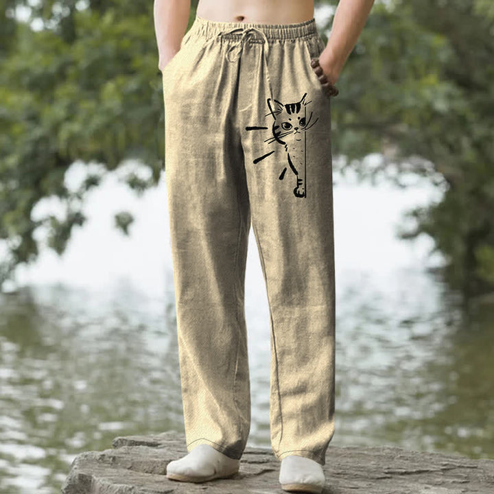 Buddha Stones Pantalones de hombre de algodón con estampado de gato negro y corte ajustado, con bolsillos. - Caqui - US/UK/AU50, EU60 (5XL) - image 6