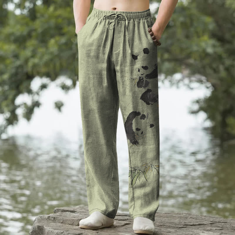 Buddha Stones Pantalones de hombre de algodón con estampado de panda y bambú, corte ajustado y bolsillos. - Verde oliva - US/UK/AU50, EU60 (5XL) - image 4