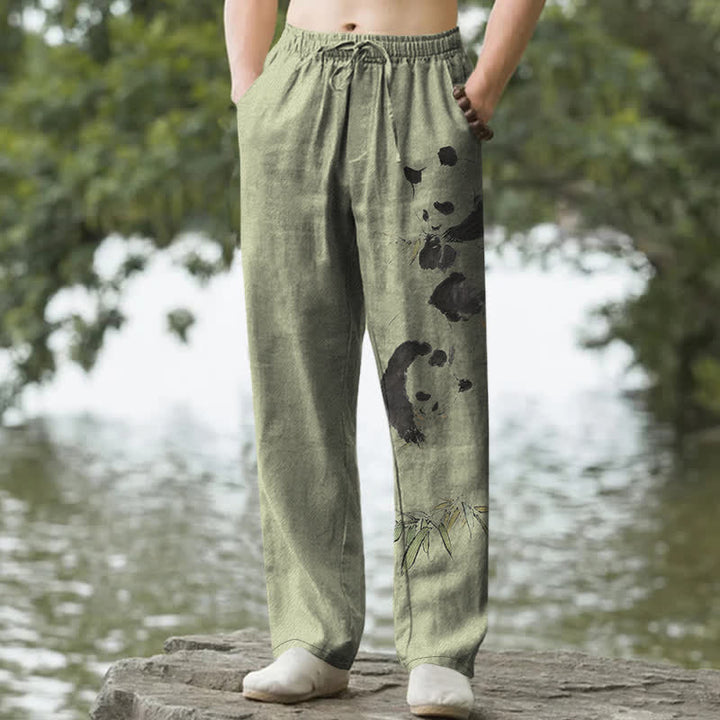 Buddha Stones Pantalones de hombre de algodón con estampado de panda y bambú, corte ajustado y bolsillos. - Verde oliva - US/UK/AU50, EU60 (5XL) - image 4