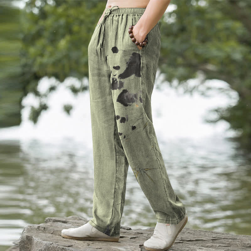 Buddha Stones Pantalones de hombre de algodón con estampado de panda y bambú, corte ajustado y bolsillos. - image 5