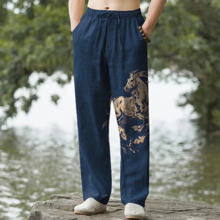 Buddha Stones Pantalones de hombre de algodón con estampado de caballo al galope dorado, corte ajustado y bolsillos. - Marina de guerra - US/UK/AU50, EU60 (5XL) - image 0