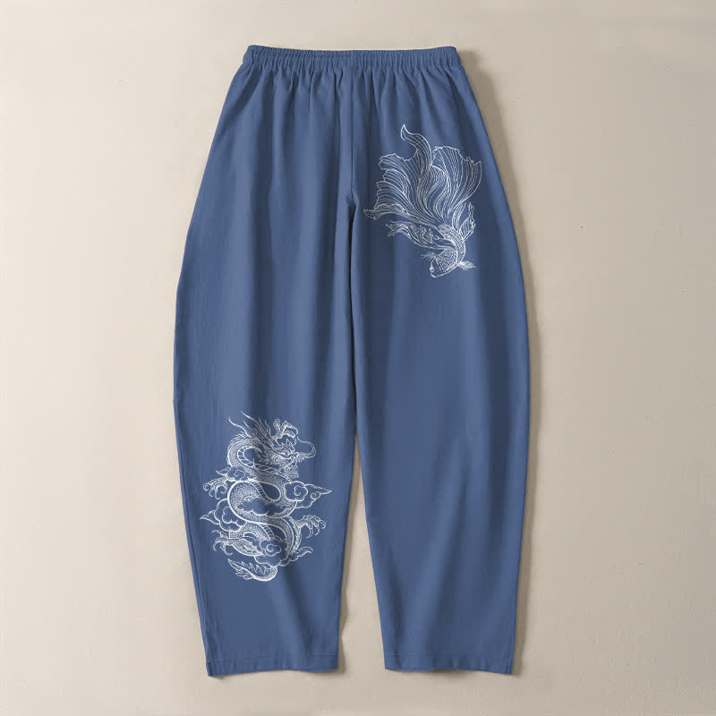Buddha Stones Pantalones de hombre de algodón puro con estampado de dragones koi, cordón ajustable y corte cónico, con bolsillos. - image 3